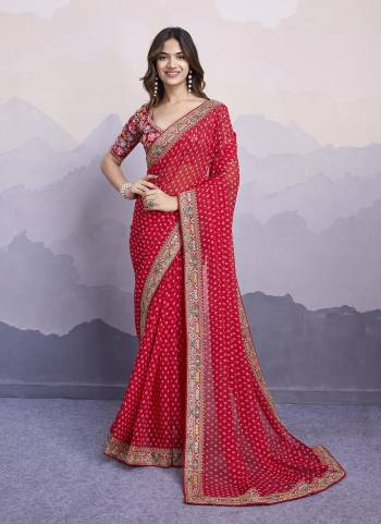 Garb These Fastival Saree in Fine Colored.These Saree Are Georgette And Blouse is Art Silk Fabricated.Its Beautified With Bandhni Printed,Designer Embroidery Work Lace Border,Blouse.