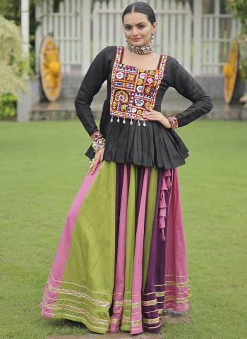 Looking These Beautiful Looking Navratri Wear Free Size Stitched Lahenga Choli.These Lahenga Are Rayon  And Blouse is Fabricated On Ramon Silk.Its Beautified With Designer Kutchi Gamthi Work.