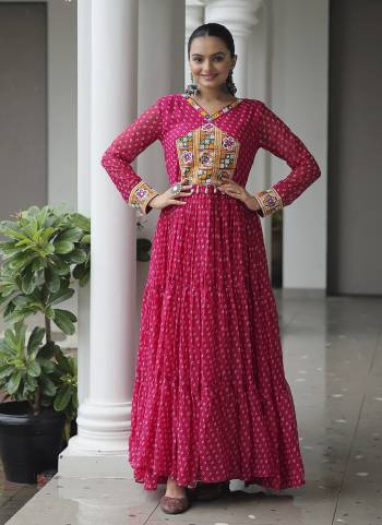 Attractive These Beautiful Looking Free Size Stitched Long Gown.These Gown is Fabricated On Faux Georgette.Its Beautified With Bandhani Printed Designer With Kutchi Patch Work.