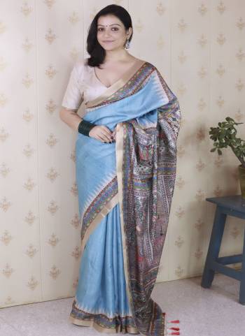 Looking These Party Wear Saree in Fine Colored.These Saree And Blouse is Fabricated On Tussar Silk.Its Beautified With Weaving Jari Border Designer With Madhubani Digital Printed.