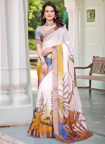Attrective These Fastive Saree in Fine Colored.These Saree Are Linen Cotton And Blouse is Fabricated On Linen Cotton Pair.Its Beautified With Wevon Jari Border With Designer Digital Printed.
