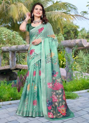 Attrective These Fastive Saree in Fine Colored.These Saree Are Linen Cotton And Blouse is Fabricated On Linen Cotton Pair.Its Beautified With Wevon Jari Border With Designer Digital Printed.