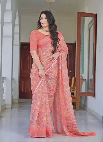 Garb These Fastive Saree in Fine Colored.These Saree Are Linen Cotton And Blouse is Fabricated On Linen Cotton Pair.Its Beautified With Wevon Jari Border With Designer Digital Printed.