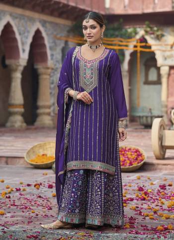Garb These Party Wear Designer Plazzo Suits in Fine Colored Pair With Dupatta.These Top Are Chinon And Dupatta Are Fabricated On Chinon Pair With Chinon Bottom.Its Beautified With Heavy Designer Embroidery Work
