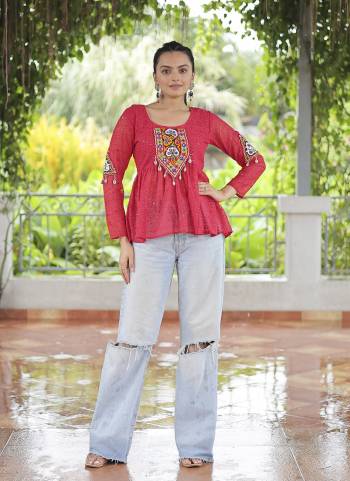 Looking These Beautiful Navratri  Readymade Short Kurti.These Kurti is Fabricated On Georgette.Its Beautified With Designer Schiffli Embroidery With Kutchi Gamthi Patch Work.