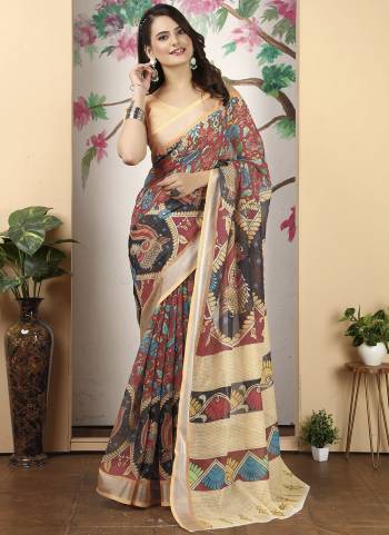 Attractive These Fastive Saree in Fine Colored.These Saree Are Linen Cotton And Blouse is Fabricated On Linen Cotton Pair.Its Beautified With Wevon Jari Border Designer With Digital Printed.