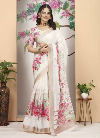 Attractive These Fastive Saree in Fine Colored.These Saree Are Linen Cotton And Blouse is Fabricated On Linen Cotton Pair.Its Beautified With Wevon Jari Border Designer With Digital Printed.