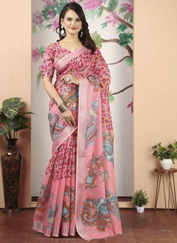 Attractive These Fastive Saree in Fine Colored.These Saree Are Linen Cotton And Blouse is Fabricated On Linen Cotton Pair.Its Beautified With Wevon Jari Border Designer With Digital Printed.