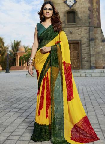 Attractive These Fancy Fastive Saree in Fine Colored.These Saree Are Georgette And Blouse is Fabricated On Art Silk Pair.Its Beautified With Disigner Bandhani,Laheriya Printed With Lace Border Work.
