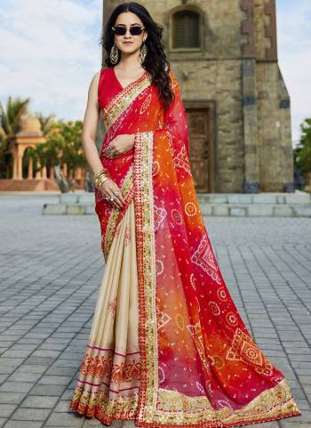 Attractive These Fancy Fastive Saree in Fine Colored.These Saree Are Georgette And Blouse is Fabricated On Art Silk Pair.Its Beautified With Disigner Bandhani,Laheriya Printed With Lace Border Work.