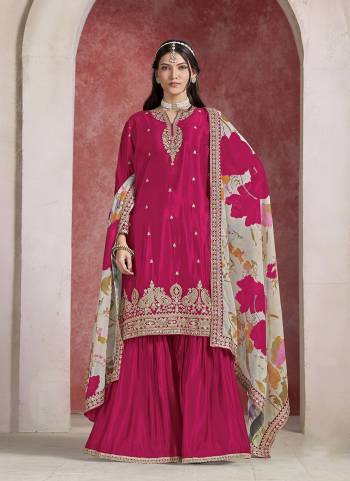 Looking These Beautiful Looking Fine Color Sharara Suits.These Top Are Chinon And Dupatta Are Chinon And Lahenga Organza Fabricated.Its Beautified With Designer Embroidery Work With Printed Dupatta.