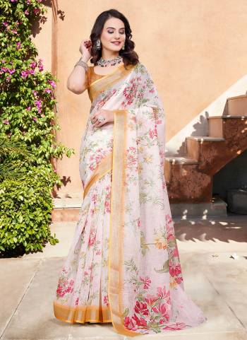 Garb These Fastive Saree in Fine Colored.These Saree Are Linen Cotton And Blouse is Fabricated On Linen Cotton Pair.Its Beautified With Wevon Jari Border With Designer Digital Printed.