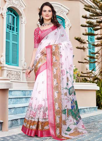 Garb These Fastive Saree in Fine Colored.These Saree Are Linen Cotton And Blouse is Fabricated On Linen Cotton Pair.Its Beautified With Wevon Jari Border With Designer Digital Printed.