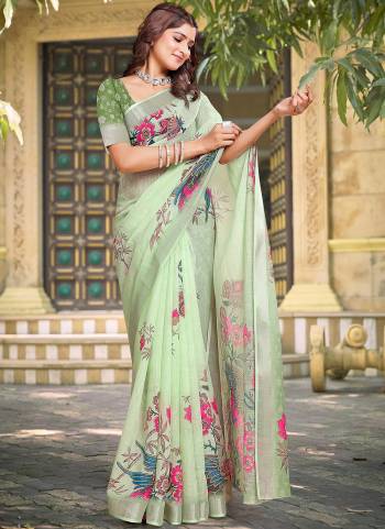 Garb These Fastive Saree in Fine Colored.These Saree Are Linen Cotton And Blouse is Fabricated On Linen Cotton Pair.Its Beautified With Wevon Jari Border With Designer Digital Printed.