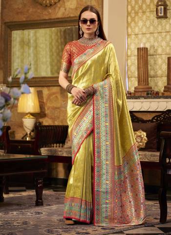 Looking These Party Wear Saree in Fine Colored.These Saree Are Tissue Silk And Blouse is Fabricated On Tissue Silk.Its Beautified With Heavy Woven Jari Designer.