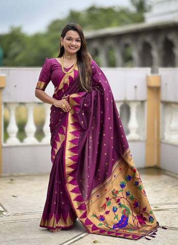 Looking These Party Wear Saree in Fine Colored.These Saree And Blouse is Fabricated On Paithani Silk.Its Beautified With Weaving Meenakari Pallu Jacquard Designer.