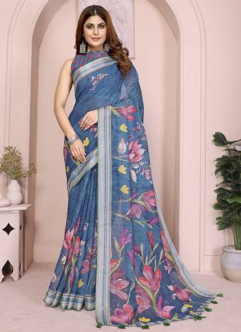 Looking These Party Wear Saree in Fine Colored.These Saree And Blouse is Fabricated On Linen Cotton.Its Beautified With Woven Silver Border Designer With Digital Printed.