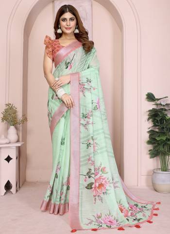 Looking These Party Wear Saree in Fine Colored.These Saree And Blouse is Fabricated On Linen Cotton.Its Beautified With Woven Silver Border Designer With Digital Printed.