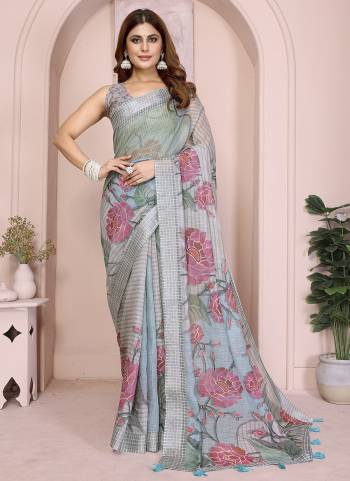 Looking These Party Wear Saree in Fine Colored.These Saree And Blouse is Fabricated On Linen Cotton.Its Beautified With Woven Silver Border Designer With Digital Printed.