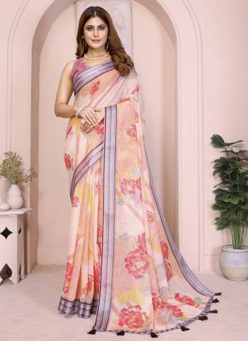 Looking These Party Wear Saree in Fine Colored.These Saree And Blouse is Fabricated On Linen Cotton.Its Beautified With Woven Silver Border Designer With Digital Printed.