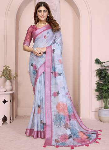 Looking These Party Wear Saree in Fine Colored.These Saree And Blouse is Fabricated On Linen Cotton.Its Beautified With Woven Silver Border Designer With Digital Printed.