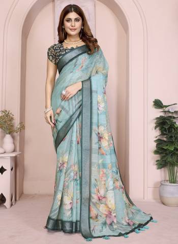 Looking These Party Wear Saree in Fine Colored.These Saree And Blouse is Fabricated On Linen Cotton.Its Beautified With Woven Silver Border Designer With Digital Printed.