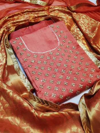 Look Pretty This Designer Suit In Lovely  Color.?Its Pretty Hand Work Top Is Cotton Silk Based Paired With Santoon Bottom And Banarasi Jacquard Work Fabricated Dupatta Which Gives An Attractive To The Suit.