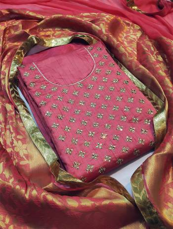 Look Pretty This Designer Suit In Lovely  Color.?Its Pretty Hand Work Top Is Cotton Silk Based Paired With Santoon Bottom And Banarasi Jacquard Work Fabricated Dupatta Which Gives An Attractive To The Suit.