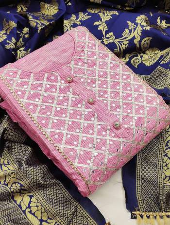 This Designer Suit In Lovely Color.?Its Pretty Top Is Cotton With Gota Work Based Paired With Santoon Bottom And Banarasi Jacquard Fabricated Dupatta Which Gives An Attractive To The Suit.