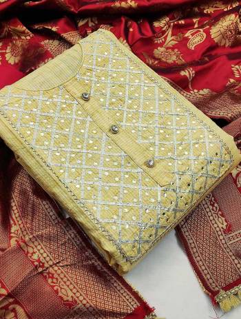This Designer Suit In Lovely Color.?Its Pretty Top Is Cotton With Gota Work Based Paired With Santoon Bottom And Banarasi Jacquard Fabricated Dupatta Which Gives An Attractive To The Suit.