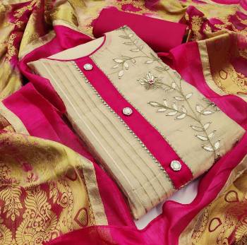 This Designer Suit In Lovely Color.?Its Pretty Top Is Modal Chanderi With Gota Patti Work Based Paired With Santoon Bottom And Banarasi Jacquard Fabricated Dupatta Which Gives An Attractive To The Suit.