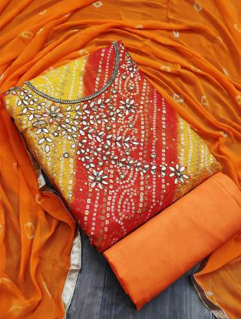 This Designer Suit In Lovely Color.?Its Pretty Top Is Fancy Jacquard With Hand Work Based Paired With Santoon Bottom And Nazneen Bandhni Printed Fabricated Dupatta Which Gives An Attractive To The Suit.