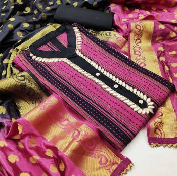 Celebrate This Festive Season In A Proper Look Wearing This Weaved Straight Suit In Fine Color. This Pretty Suit Is Fancy Cotton Based Beautified With Weave And Banarasi Jacquard Dupatta. Its Fabric Gives A Rich Look To Your Personality