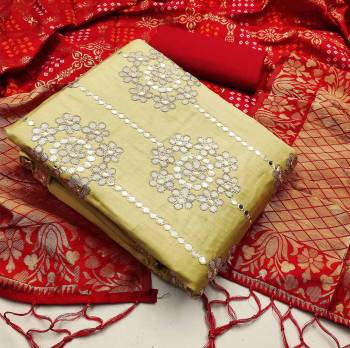 Celebrate This Festive Season In A Proper Look Wearing This Weaved Straight Suit In Fine Color. This Pretty Suit Is Fancy Cotton With Gota Patti Work Based Beautified With Weave And Banarasi Jacquard Dupatta. Its Fabric Gives A Rich Look To Your Personality
