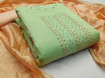 Celebrate This Festive Season In A Proper Look Wearing This Weaved Straight Suit In Fine Color. This Pretty Suit Is Fancy Cotton With Mirror Hand Work Work Based Beautified And Banarasi Jacquard Dupatta. Its Fabric Gives A Rich Look To Your Personality
