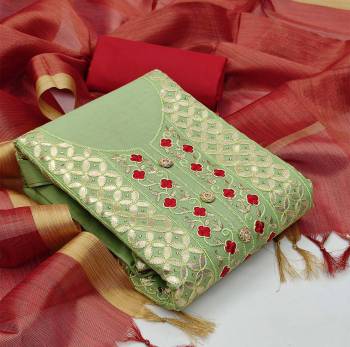 Add This Lovely Rich And Elegant Looking Cotton Based Designer Straight Suit To Your Wardrobe In Fine Color. Its Gota Patti Embroidered Top Is Fabricated On Glass Cotton Designer Paired With Cotton Based Bottom And Banarasi Jacquard Dupatta