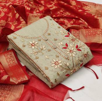 This Lovely Rich And Elegant Looking Modal Chanderi Based Designer Straight Suit To Your Wardrobe In Fine Color. Its Gota Patti Embroidered With Hand Work Top Is Fabricated On Modal Chanderi Paired With Santoon Based Bottom And Banarasi Jacquard Dupatta