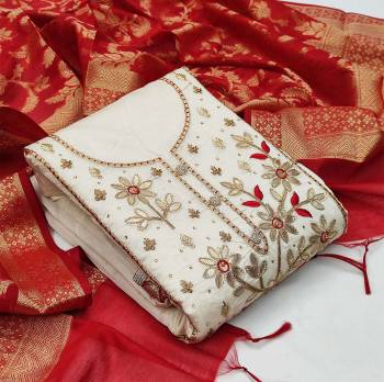 This Lovely Rich And Elegant Looking Modal Chanderi Based Designer Straight Suit To Your Wardrobe In Fine Color. Its Gota Patti Embroidered With Hand Work Top Is Fabricated On Modal Chanderi Paired With Santoon Based Bottom And Banarasi Jacquard Dupatta