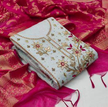 This Lovely Rich And Elegant Looking Modal Chanderi Based Designer Straight Suit To Your Wardrobe In Fine Color. Its Gota Patti Embroidered With Hand Work Top Is Fabricated On Modal Chanderi Paired With Santoon Based Bottom And Banarasi Jacquard Dupatta