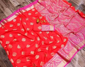 Adorn The Pretty Angelic Look Wearing This Heavy Designer Saree In Fine Color Paired With Contrasting Colored Blouse. This Saree Is Fabricated On Banarasi Silk Paired With Banarasi Silk Fabricated Blouse. Its Pretty Color Pallete Will Give An Attractive Look To Your Personality. 
