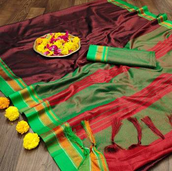 Celebrate This Festive Season In This Very Pretty Fine Colored Designer Saree Paired With Contrasting Colored Blouse. This Saree and Blouse Are Soft Silk Based Beautified With Detailed Wevon Designer Saree. 