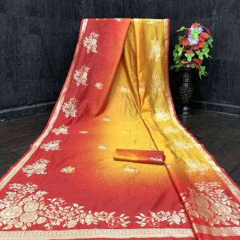 Look Attractive Wearing This Colored Saree Paired With Blouse.  This Heavy Weving Designer With Spray Printed Saree Is Lichi Silk Based Which Gives A Rich Look To Your Personality. Buy This Pretty Saree Now.