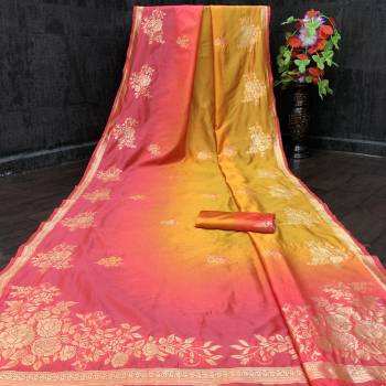 Look Attractive Wearing This Colored Saree Paired With Blouse.  This Heavy Weving Designer With Spray Printed Saree Is Lichi Silk Based Which Gives A Rich Look To Your Personality. Buy This Pretty Saree Now.