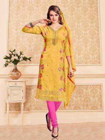 This Beautifull Colored Suit Is Fabricated In Glass Cotton While Being Paired With A Nazmin Dupatta. The Highlight Of The Garment Is The Lovely Colored Embroidery Designs On The Suit . Add The Zing Of Oxidized Jewelry To The Outfit And Look Spectacular For A Daily Wear Casual Style.This Amazing Collection Only for U Grab It Now.  