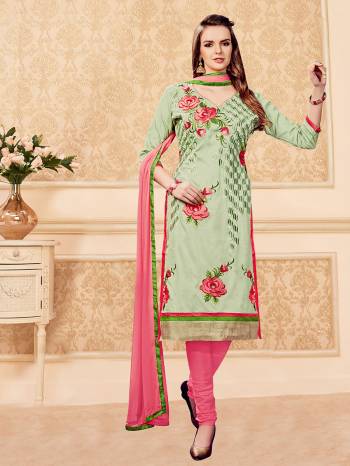 This Beautifull Colored Suit Is Fabricated In Glass Cotton While Being Paired With A Nazmin Dupatta. The Highlight Of The Garment Is The Lovely Colored Embroidery Designs On The Suit . Add The Zing Of Oxidized Jewelry To The Outfit And Look Spectacular For A Daily Wear Casual Style.This Amazing Collection Only for U Grab It Now.  