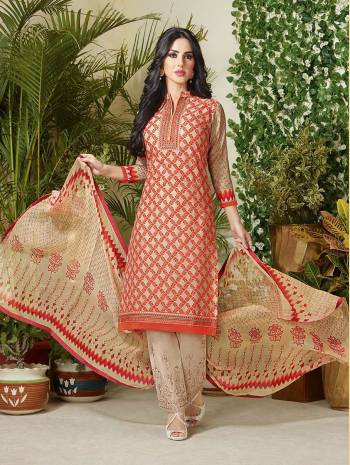 Beat The Heat With This Bright Colored Suit Paired With Subtle Beige Colored Bottom And Dupatta. This Dress Material Is Fabricated On Cotton With Beautiful Prints. Make This Stitch As Plazzo Suit For More Comfort.