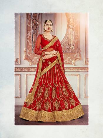 You Will Certainly Steal The Limelight From The Bride The Next Time You Attend A Wedding Beautifully Dressed In An Ethenic Lehenga Choli .The Bright Red Color And Embroidery Add Charm To Its Ethenic Appeal  While The Net Fabric Ensures Superb Comfort Throughout The Gala. 