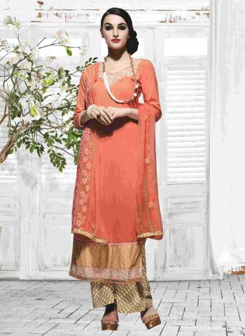 Catch The Seasons Running Color To Your Wardrobe. Buy This Peach Colored Plazzo Suit Paired With Contrasting Light Yellow Colored Bottom. This Suit Is Fabricated On Cotton And Easy To Carry All Day Long. Buy This Pretty Suit Now.