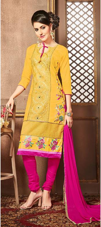 Look Lovely This Summer And Be Simply Fabulous In This Mustard And Pink  Colored Glass Cotton Suit. Its Gives You More Beautiful Look To You.Wear It & Shine More.