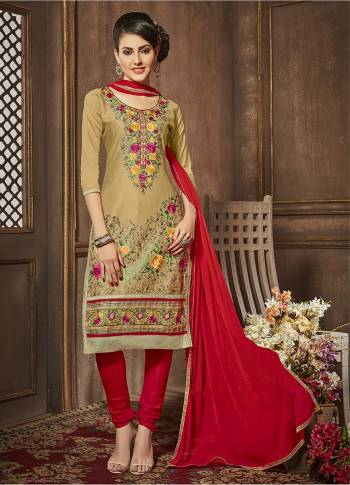 Add Some Unique Colors To Your Casual Collection In Salwar Kameez. Get This Khaki Colored Dress Material Paired With Red Colored Bottom Stitched Into A Casual Suit. Buy This Dress Material Now.